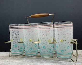 Vintage Frosted Floral Glasses Set of 6 with Gold -Tone Caddy Wood Handle Libby