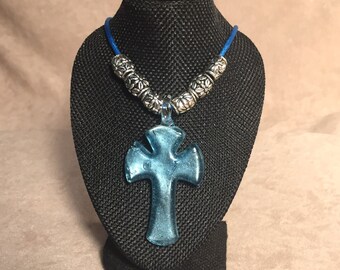 Blue Glass 2 1/4" x 1 1/2" Cross Necklace Pendant Charm & Antique Silver Beads on a 20" BLUE Silk Rope