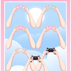 May include: Five different colored cartoon cat-shaped video game controllers held by cartoon arms against a blue sky background with white clouds. The text "HIGH QUALITY PNG" is at the top of the image.