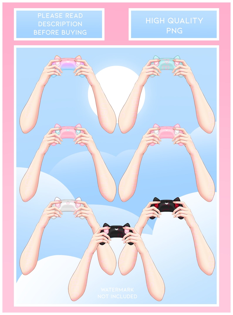 May include: Five different colored cartoon cat-shaped video game controllers held by cartoon arms against a blue sky background with white clouds. The text "HIGH QUALITY PNG" is at the top of the image.
