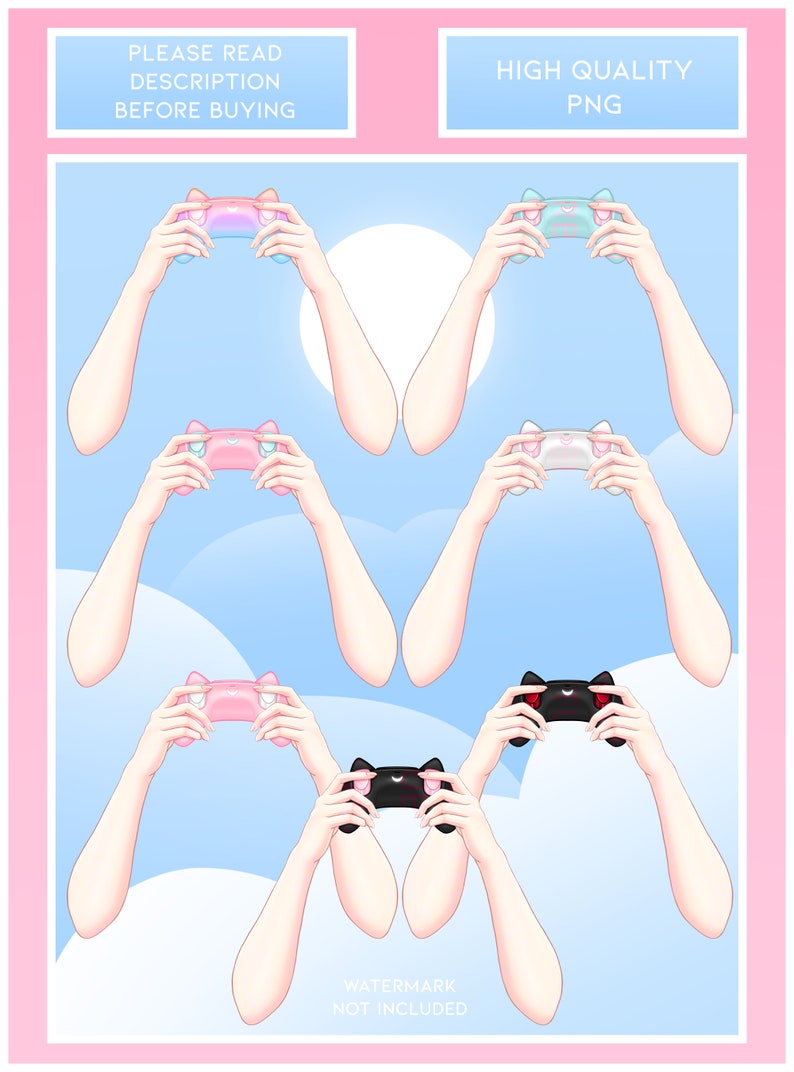 May include: Five pairs of cartoon hands holding different colored cat-shaped game controllers. The controllers are pink, blue, white, black, and black with red eyes. The hands are against a light blue background with white clouds.