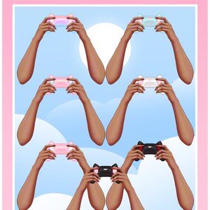 May include: Six digital illustrations of brown arms holding different colored cat-shaped game controllers. The controllers are pink, blue, white, black, and two different shades of pink. The background is a light blue with white clouds.
