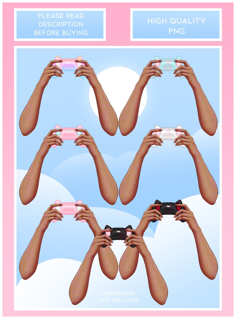 May include: Six digital illustrations of brown arms holding different colored cat-shaped game controllers. The controllers are pink, blue, white, black, and two different shades of pink. The background is a light blue with white clouds.