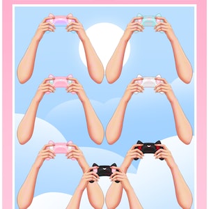 May include: Six digital illustrations of hands holding different colored cat-shaped game controllers against a blue sky background with white clouds. The controllers are pink, light blue, white, black, and two different shades of pink.