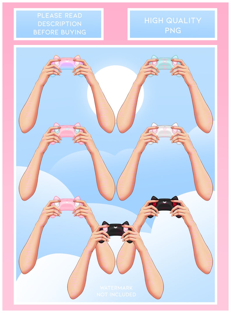 May include: Six digital illustrations of hands holding different colored cat-shaped game controllers against a blue sky background with white clouds. The controllers are pink, light blue, white, black, and two different shades of pink.