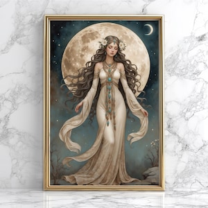Moon Goddess Poster, Lunar Wall Decor, Divine Feminine Artwork, Witchcraft and Moon Magic Print, Art Nouveau Poster, Divine Goddess Art