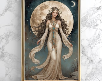 Art nouveau-poster maangodin: goddelijke vrouwelijke maanafdruk