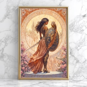 Athena Wisdom Goddess Poster, Greek Goddess Athena Wall Decor, Greek Mythology Print, Feminine Divine Artwork, Vintage Boho Art Nouveau