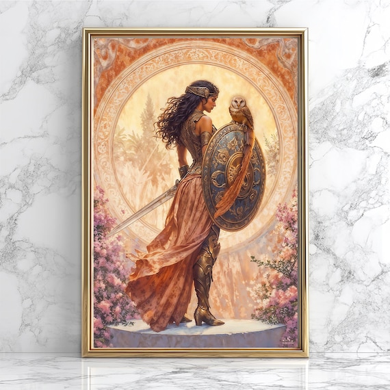 Athena Wisdom Goddess Poster, Greek Goddess Athena Wall Decor, Greek Mythology Print, Feminine Divine Artwork, Vintage Boho Art Nouveau