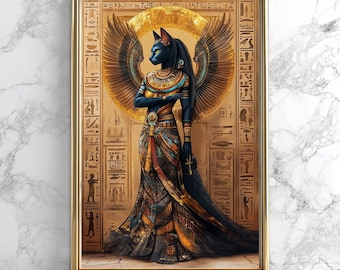 Goddess Bastet Poster, Egyptian Art Print, Ancient Egypt Artwork, Ancient Egypt Painting, Bastet Deity, Cat Goddess, Art Nouveau Print