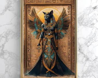 May include: A framed artwork depicts a black cat-headed figure with wings, adorned in Egyptian-style attire. The figure holds an ankh, with hieroglyphs surrounding the central image. The color palette includes gold, teal, and black.