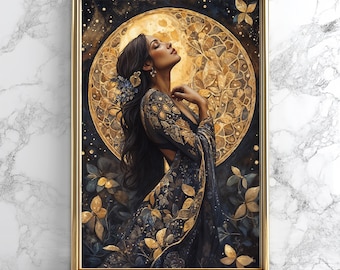 Moon Goddess Art Nouveau Poster: Divine Feminine Lunar Print