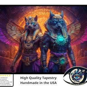 Tapestry of Lyran God Egyptian Tiger Cat Wall Hanging, Visionary High Quality Art for Home Decor, Spiritual & Meditation Shamanic Art