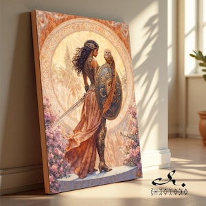 Athena Wisdom Goddess Canvas Art – Greek Goddess Athena Wall Decor, Greek Mythology Print, Feminine Divine Artwork, Vintage Boho Art Nouveau