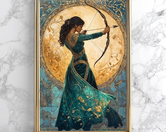 Artemis Moon Goddess Poster, Greek Goddess Artemis Wall Decor, Greek Mythology Print, Feminine Divine Artwork, Vintage Boho Art Nouveau