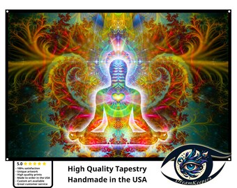 May include: A vibrant tapestry featuring a meditating figure in a lotus position, radiating colorful energy. The artwork showcases intricate details with a heart-shaped center and swirling patterns in shades of blue, green, yellow, and red. Text reads: High Quality Tapestry, Handmade in the USA.