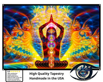 May include: A vibrant tapestry featuring a meditating figure with colorful chakra symbols. The artwork showcases a dynamic blend of blues, yellows, and reds, with swirling patterns and the text "High Quality Tapestry Handmade in the USA". The DreamKeepers logo is also visible.