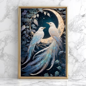 Art Nouveau Moon Goddess Print: Lunar Birds, Witchcraft Decor