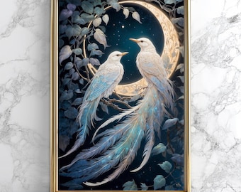 Art Nouveau Moon Goddess Print: Lunar Birds, Witchcraft Decor