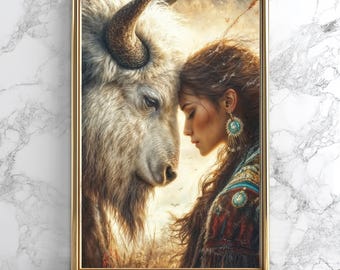 White Buffalo Goddess Poster, Sacred Feminine Visionary Art, Native Wisdom, Ceremony & Spiritual Decor, Feminine Energy Goddess Poster