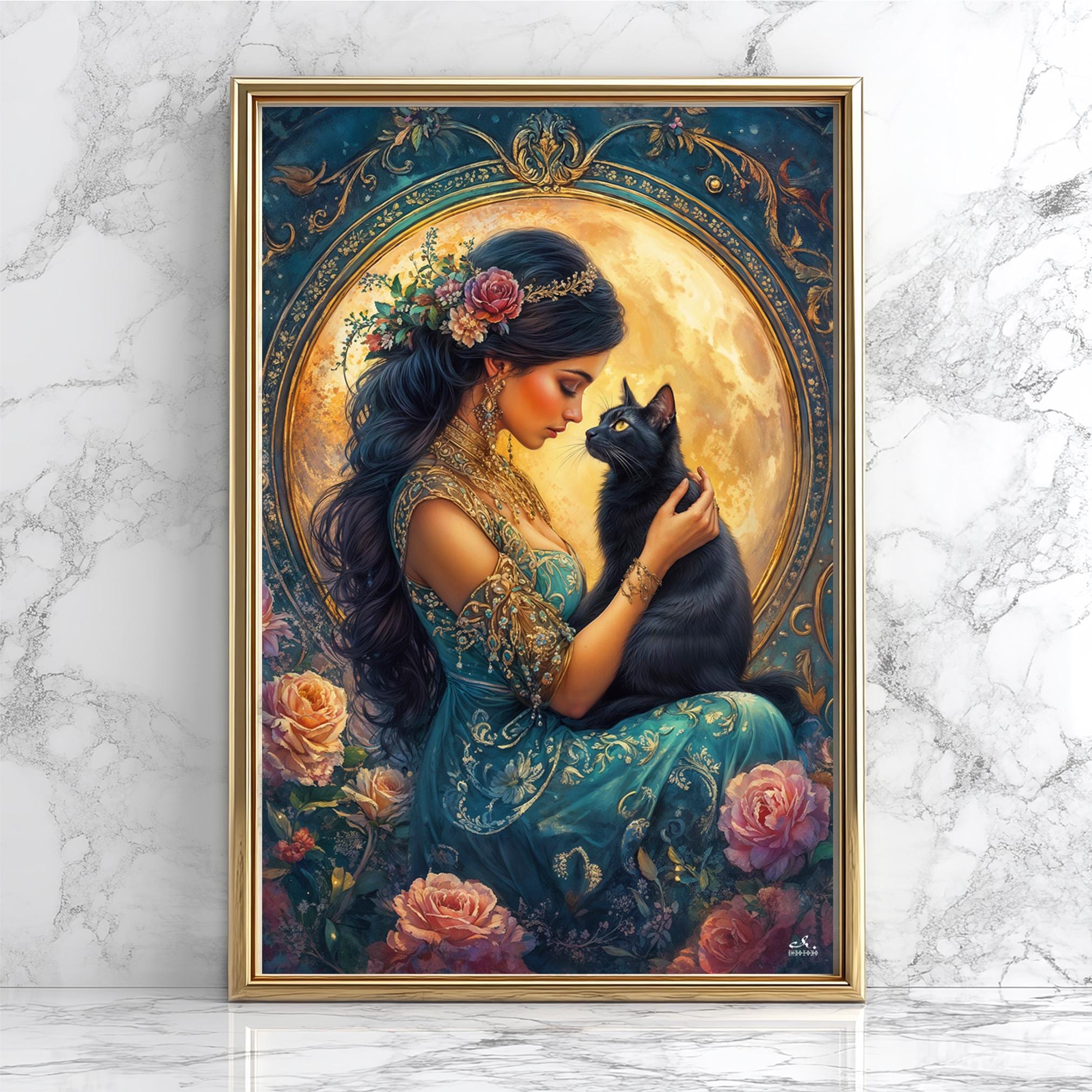 Moon Goddess Poster, Black Cat Print, Art Nouveau Wall Decor, Feminine Divine Artwork, Moon Magic, Lunar Goddess Poster, Witchcraft Decor