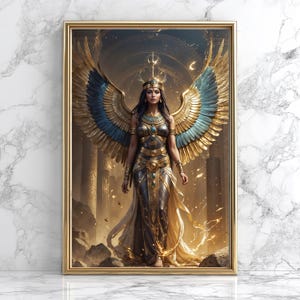 May include: A woman with golden wings and a crown stands in a golden light. She wears a gold and blue dress with a jeweled belt. The background is a dark, mysterious setting.