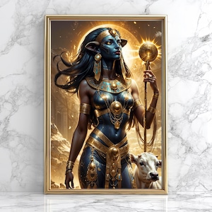 Póster de la diosa Hathor, pintura egipcia, arte mural espiritual, obra de arte del antiguo Egipto, diosa egipcia, energía femenina divina, Bstet, Ra