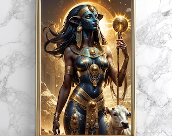 May include: A digital painting of a woman with blue skin and gold jewellery. She is wearing a blue and gold outfit and holding a staff with a sun-like orb on top. She is standing in front of a golden background with a white calf.