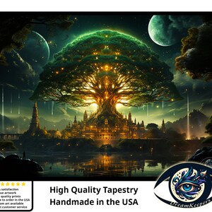 May include: A tapestry featuring a large, glowing green tree with a castle at its base. The tree is surrounded by a dark blue sky with stars and a crescent moon. The castle is lit up with golden lights. The tapestry is handmade in the USA.