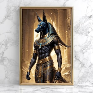 Anubis Egyptian God Poster, Egyptian Art Decor, Spiritual Wall Art, Ancient Egypt Painting, Ankh Cross, Ancient Anubis God Print