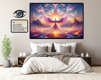 Tenture Murale Totem Dragon Phénix - Lot De 2 - Style Vintage Esthétique - Décoration Chambre, Salon - 130x33cm Avec Pompons