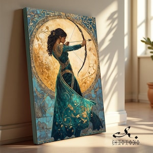 May include: A canvas print featuring a woman archer in a teal and gold dress, aiming a bow and arrow. The artwork has a circular gold background and ornate teal borders. The print is leaning against a wall.