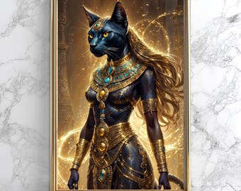 May include: A digital painting of a black cat with human features wearing gold and blue jewelry. The cat is depicted as a powerful and majestic figure, with a fierce expression and a flowing mane of hair.