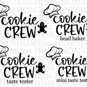 Op de afbeelding: Vier zwart-witte illustraties van een koksmuts met de tekst "Cookie Crew" en een peperkoekman. De tekst onder elke illustratie luidt "hoofd bakker", "smaaktester", "mini smaaktester" en "Cookie Crew".