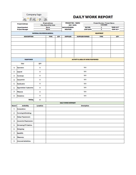 Construction Daily Report Template – Excel Spreadsheet for Site Reports, Project Management, Builder Logs, Contractor Tracker