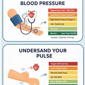 May include: An infographic titled "Understand Your Blood Pressure" and "Understand Your Pulse." The blood pressure section shows a diagram of an arm with a blood pressure cuff and stethoscope, with a chart of blood pressure ranges. The pulse section shows a diagram of an arm with a chart of pulse ranges.