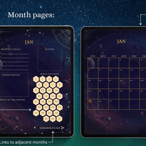 May include: A digital planner with a dark blue background and gold accents. The planner features a calendar for January, a mood tracker, and space for monthly goals, appointments, and a photo of the month. The planner has a celestial theme with stars and planets.