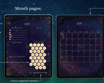 Può includere: Un planner digitale con sfondo blu scuro e dettagli dorati. Il planner include un calendario per gennaio, un tracker dell'umore e spazio per obiettivi mensili, appuntamenti e una foto del mese. Il planner ha un tema celeste con stelle e pianeti.