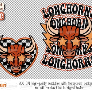 May include: Two digital illustrations of a Longhorns mascot. The first is a heart-shaped design with a checkerboard pattern and a bull with star-shaped sunglasses. The second is a bull with star-shaped sunglasses surrounded by the word "Longhorns" in a retro font.