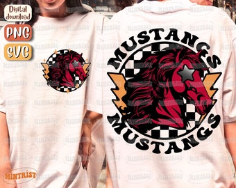May include: White t-shirt featuring a graphic of a red and black horse head with a star-shaped eye, set against a checkered background. The word "MUSTANGS" is printed in a circular design around the horse. Includes "Digital download" text.