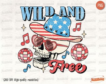 Vilt och fritt skelett PNG, 4 juli, Retroamerikansk, Digital nedladdning, Sublimering, Dödskalle, Vintage Western, Country, Cowboy, Disco