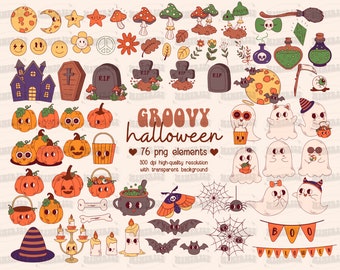 Cute Groovy Retro Halloween Clipart Bundle, Sublimation Bundle, PNG Element Set, Spooky Creepy, Digital Download, Pumpkin Sublimation, Fall