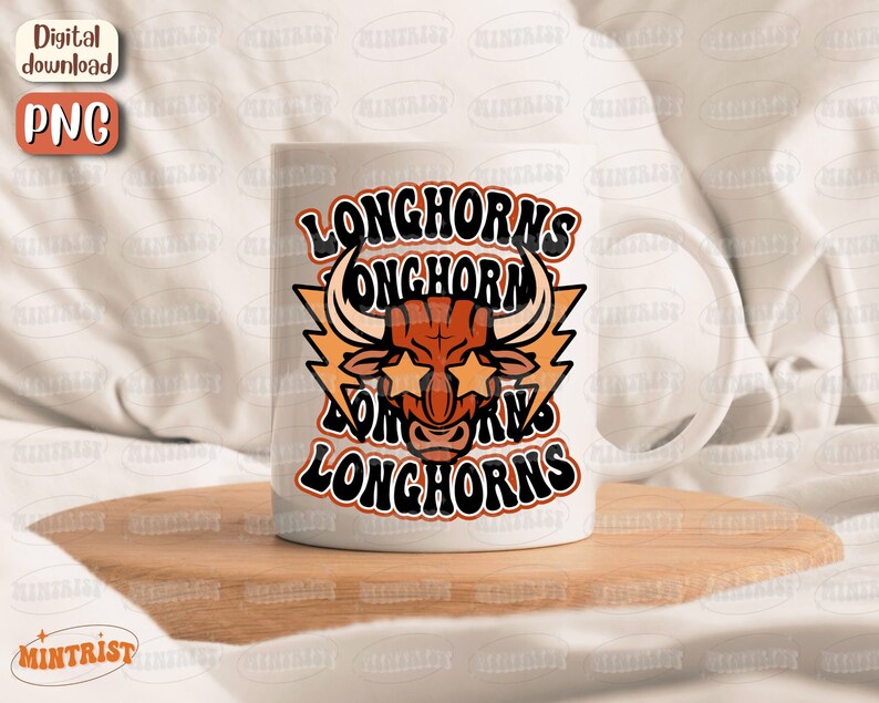May include: White ceramic mug with a graphic of a brown bull with lightning bolts and the text "Longhorns Longhorn Longhorns" in orange and black.