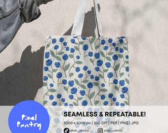 Hand Drawn Blueberry Pattern | Cottagecore Botanical Repeat (PNG, PDF, JPG)