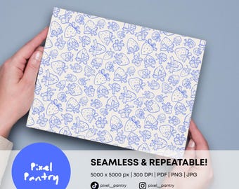 Blue Strawberry Seamless Pattern, Hand Drawn Digital Paper (Digital Download)