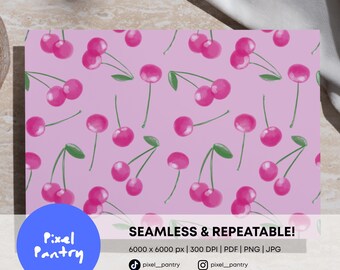 Pink Cherry Pattern Seamless Digital Paper | Hand-Painted Fruit Background (Digital Download)