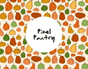 Patrón sin costuras de calabaza otoñal / Diseño otoñal dibujado a mano (PNG, JPG, PDF)