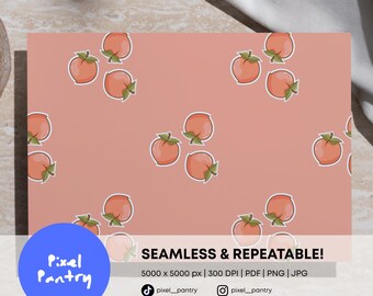 Hand-Drawn Peach Trio Seamless Pattern, Summer Fruit Surface Design (Digital Download)