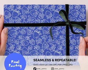 Dark Blue Strawberry Sketch Seamless Pattern (Digital Download)