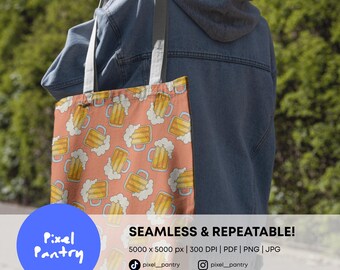 Orange Beer Mug Seamless Pattern | Summer Oktoberfest Brewery Design (Digital Download)